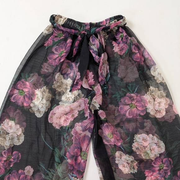 Sheer Floral Wide Leg Pants Transparent Belted Capris Flowers Moody - Picture 6 of 6